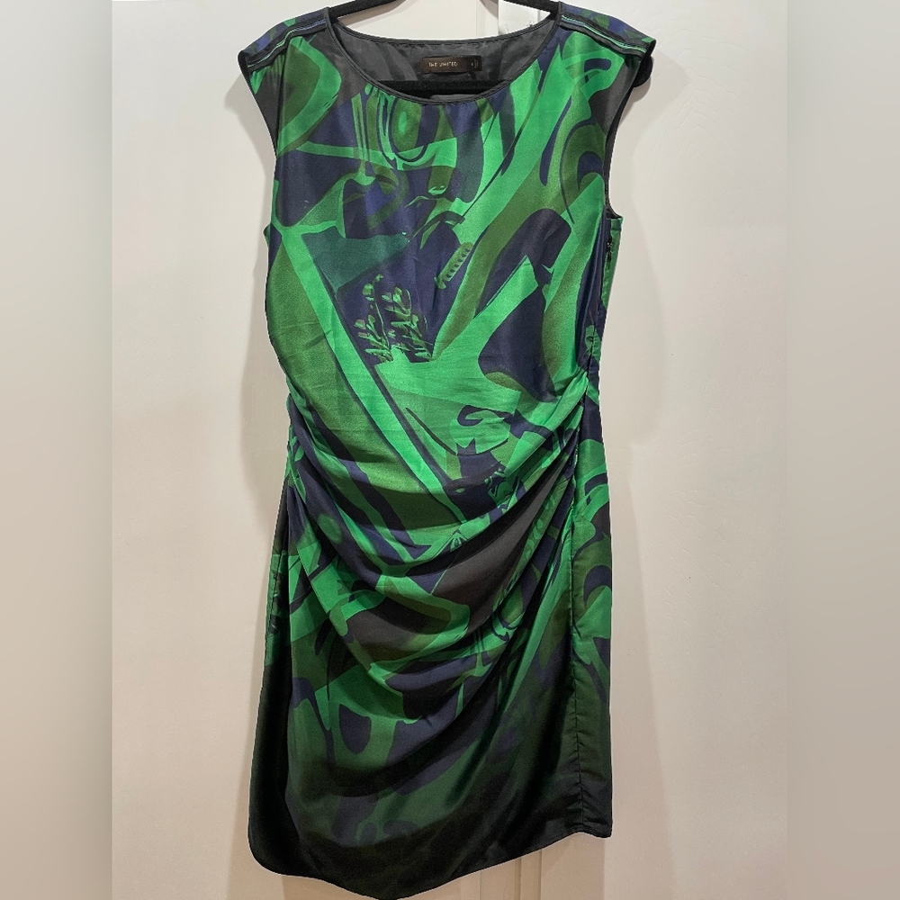The Limited Dress,  lined abstract green print, sateen appearance (sz 8)